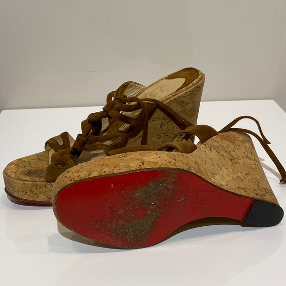 Christian Louboutin Wedge Slingback Sandals 8.5 Red Sole Cork Adjustable Strap - Picture 4 of 9